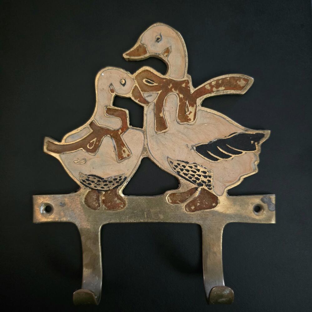 Vintage Brass Goose Double Wall Hook Hand Painted Enamel Farmhouse Decor